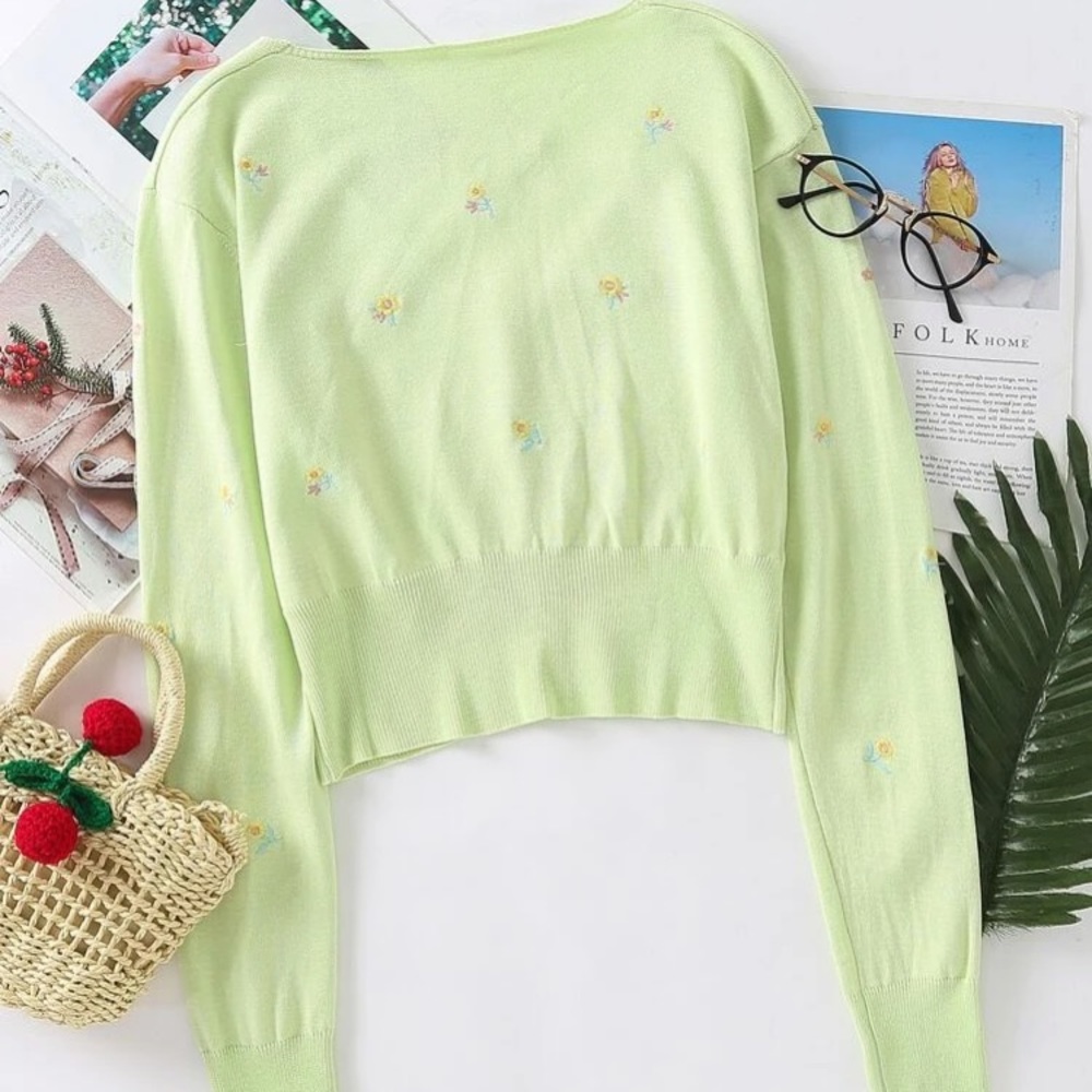 Green embroidered flower cardigan